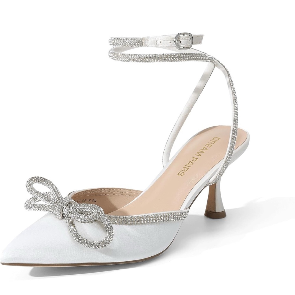 White rhinestone bow pointed toe heels